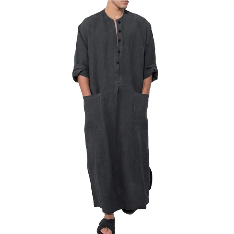 เสื้อคลุมมุสลิมแขนยาวทรงหลวมสีพื้นคอตั้งมีกระเป๋าข้างสไตล์ตะวันออกกลางสำหรับผู้ชาย