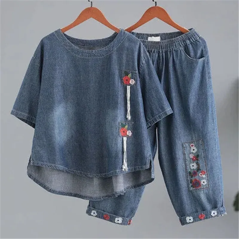 Thin Short Denim Set Women's 2024 Summer New Korean Version Loose Retro Embroidery Applique Two Piece Set Female Clothes