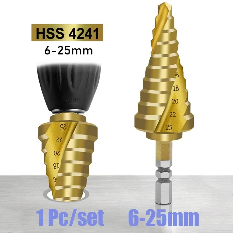 6-25mm HSS Titanium Coated Step Pagoda Drill Bit Spiral Groove 4241 Hexagonal Handle Pagoda Drill Metal Wood Hole Cutter Tool