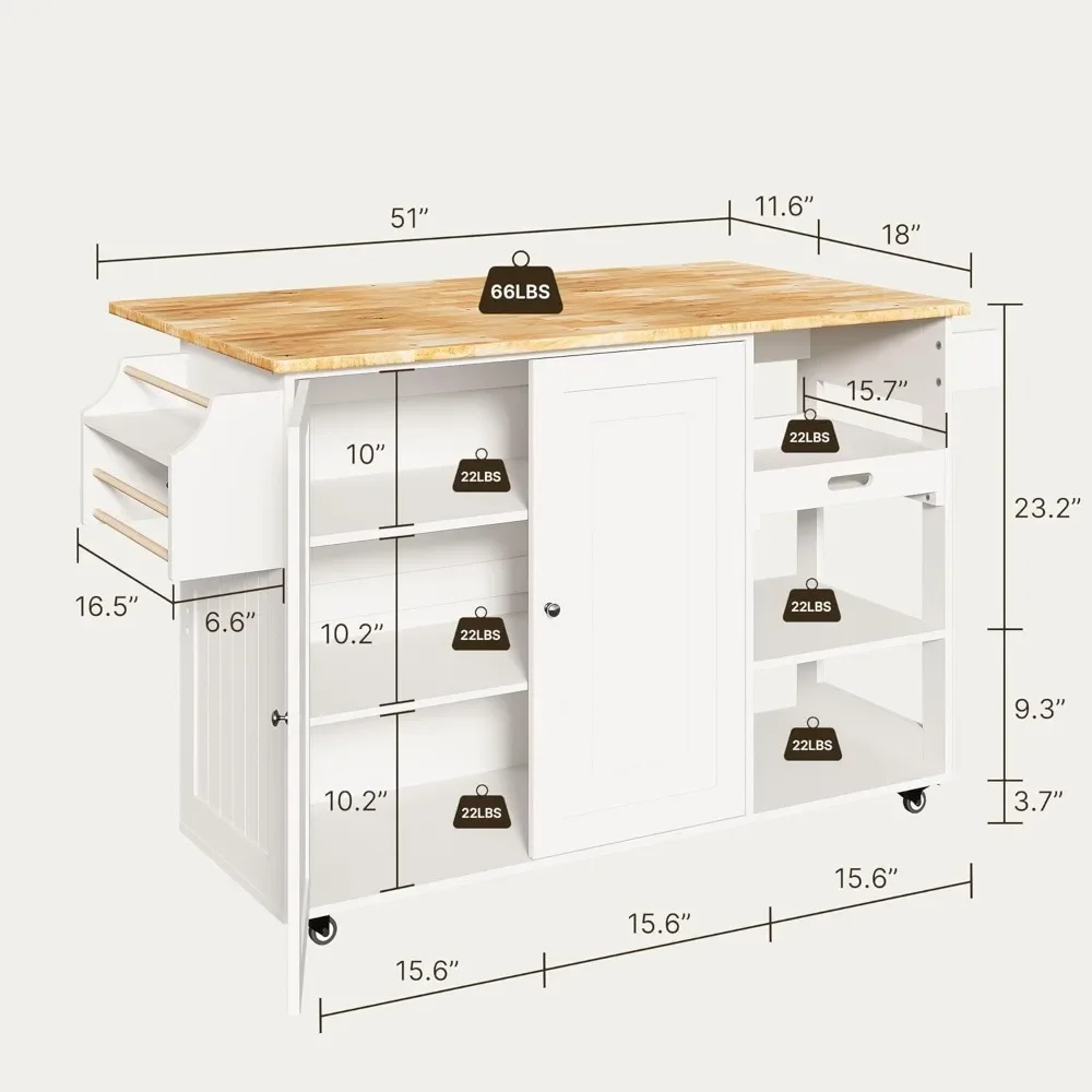 Rolling Kitchen Island with Drop Leaf,60.6