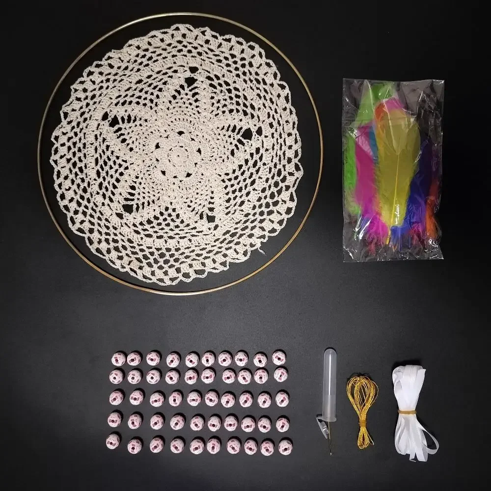 

35cm Round Beige Dream Catcher Kit DIY Make Your Own Dreamcatcher Kit Hand Crochet Doily Web Colored Feathers Large Wooden Beads