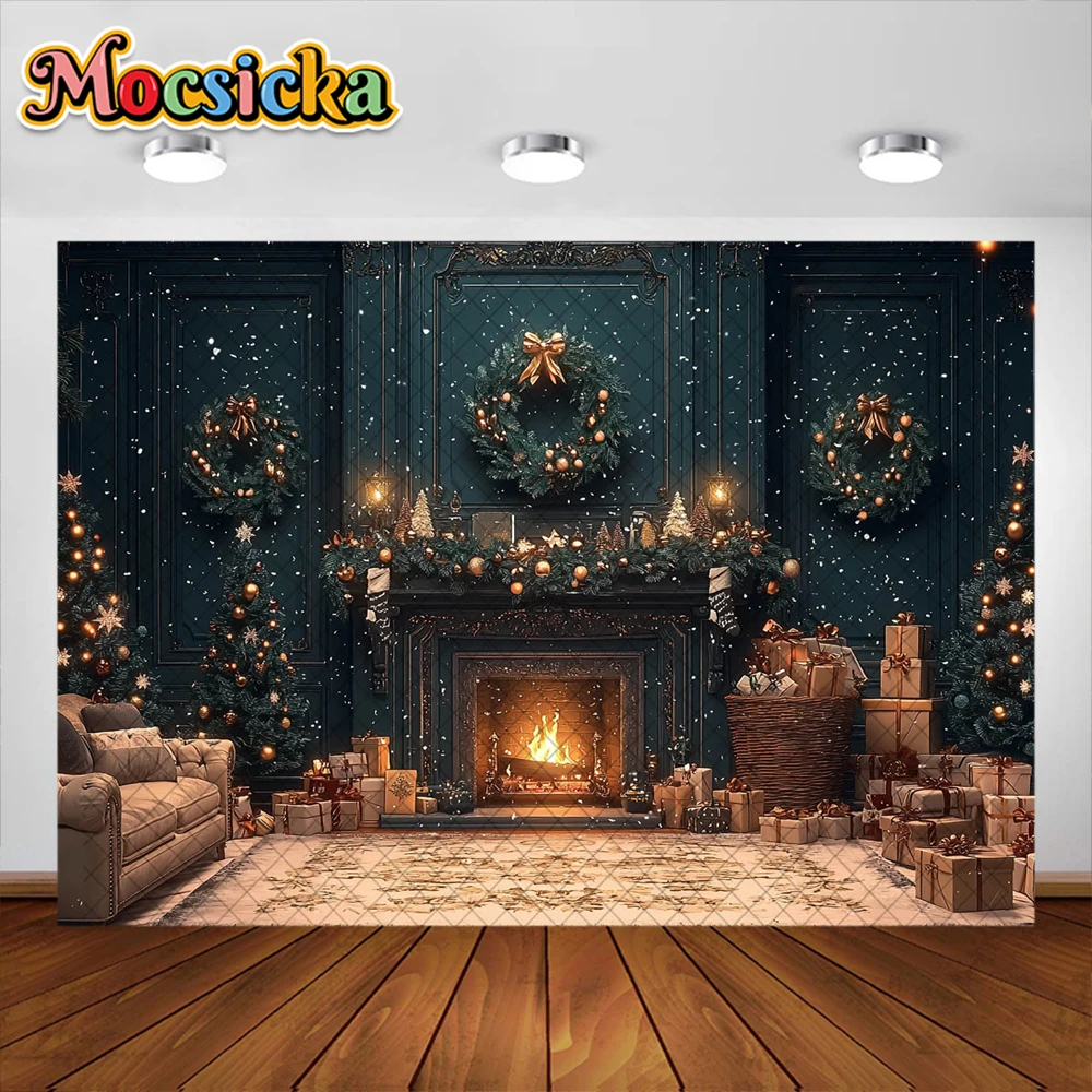 ฤดูหนาวคริสต์มาสการถ่ายภาพพื้นหลังXmas RoomเตาผิงGarlandของขวัญตกแต่งวันหยุดผู้ใหญ่เด็กPortrait Photo Studio Prop