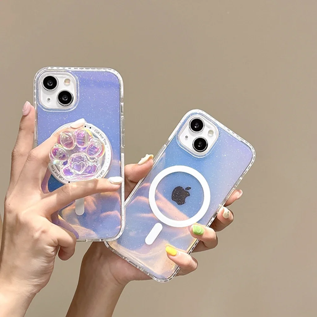 Stylish Glitter Illusion Color Stereoscopic Cat's Paw Magnetic With Holder Cover Case For iPhone 15 14 13 Pro Max Phone Case