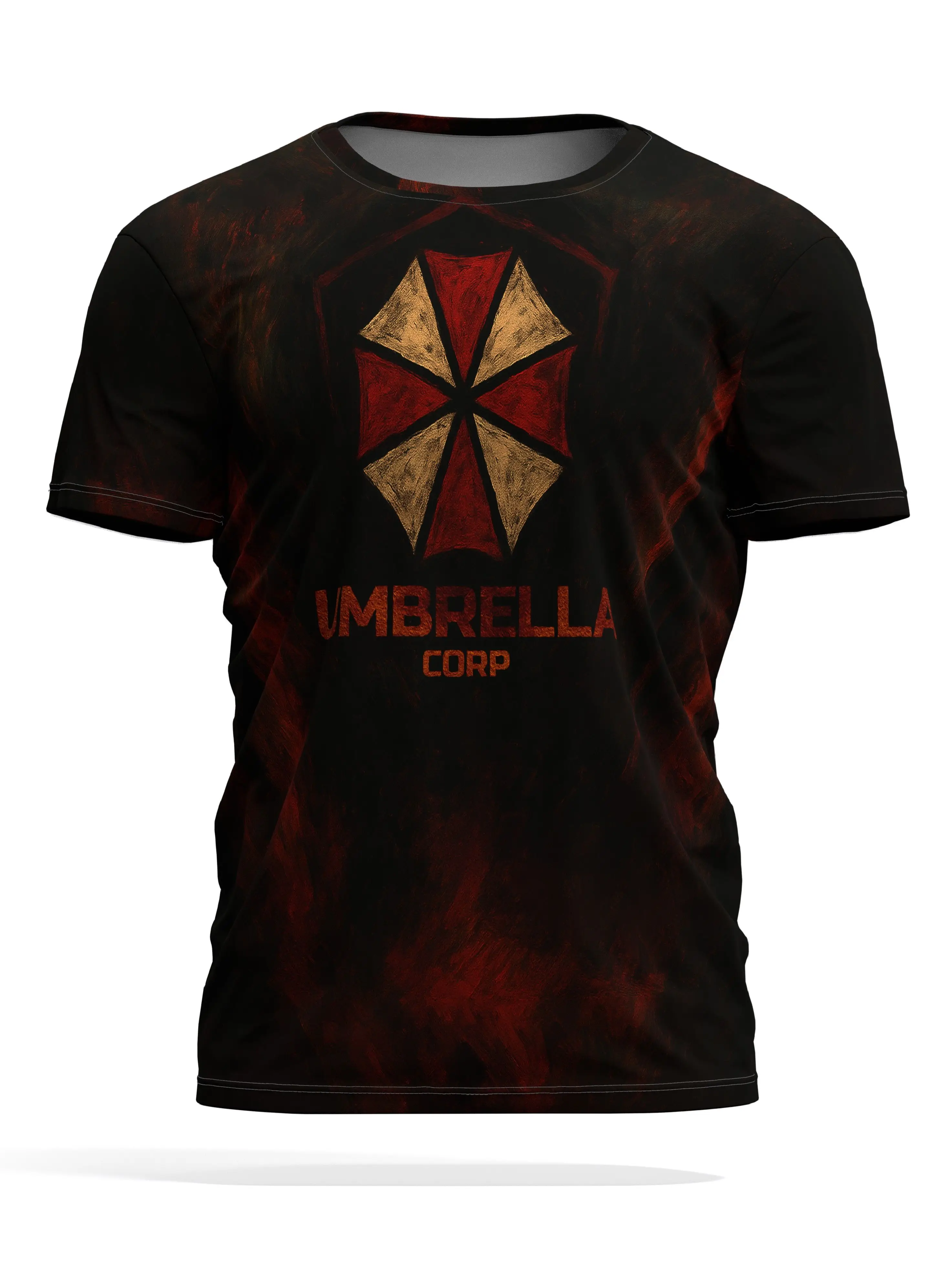 Camiseta gráfica Resident Evil Umbrella Corp, negra con diseño de salpicaduras rojas y doradas, logotipo icónico, camiseta informal elegante