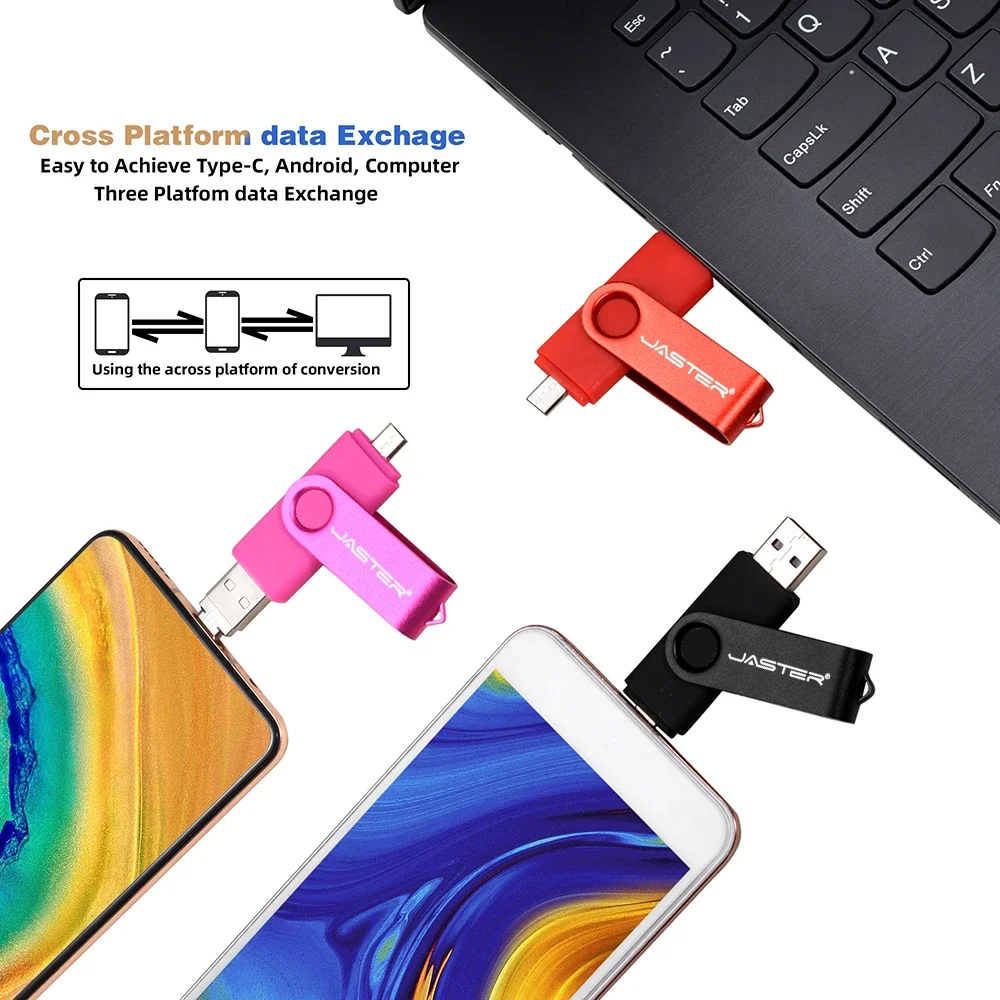 JASTER rotatable smart 3 in 1 OTG USB flash drive 64G TYPE-C 32G  pen drive, easy to carry thumb drive memory stick