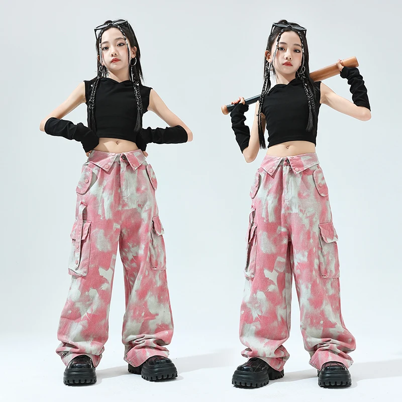 Roupas infantis Hip Hop, Crop Tops com camiseta sem mangas, Camuflagem Rosa Cargo Streetwear Calças para menina, roupas de dança jazz