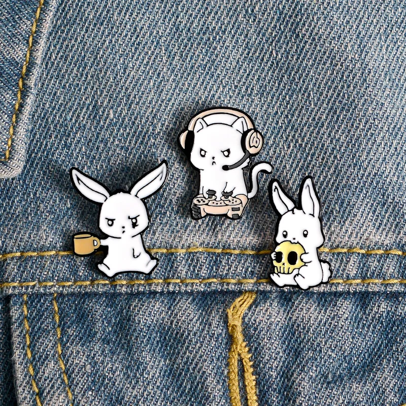 Cute Rabbit Enamel Pin Music Cats Cup Skeleton Bunny Brooches Cartoon Animal Lapel Badge Jewelry Friends Gifts