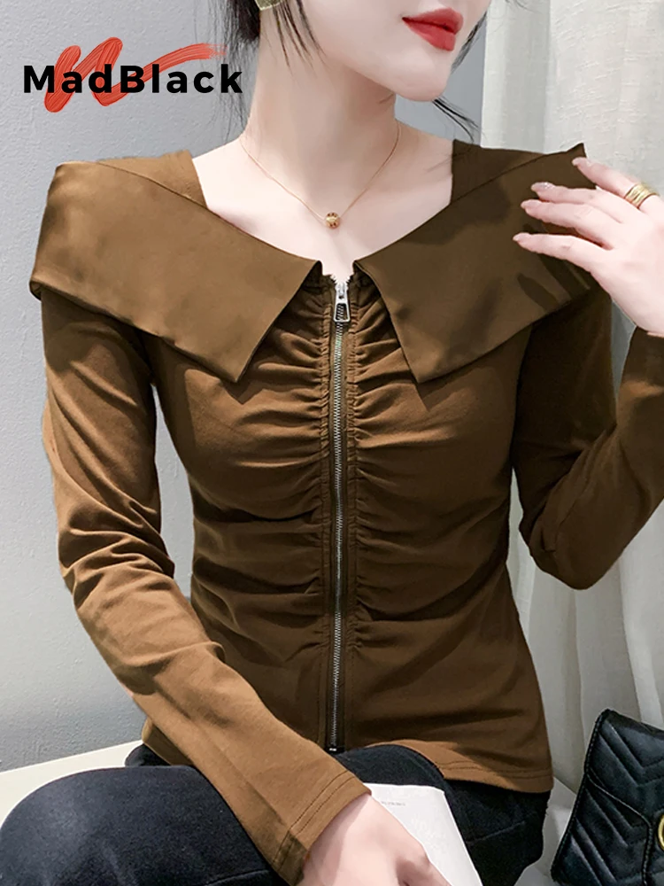 

MadBlack-Women European T-Shirt, Sexy Ruffled Zipper Patchwork, Streetwear Long Sleeve Slim M-3XL Tee, 2025 Autumn New T59245CC