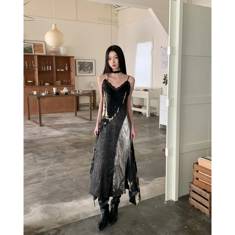 

Black Women's Suspender Dress Sling Design Elegant Ball Dress Slim Fitting Feminine Temperament Tie Dyeing Mid Length Skirt ﻿ ﻿