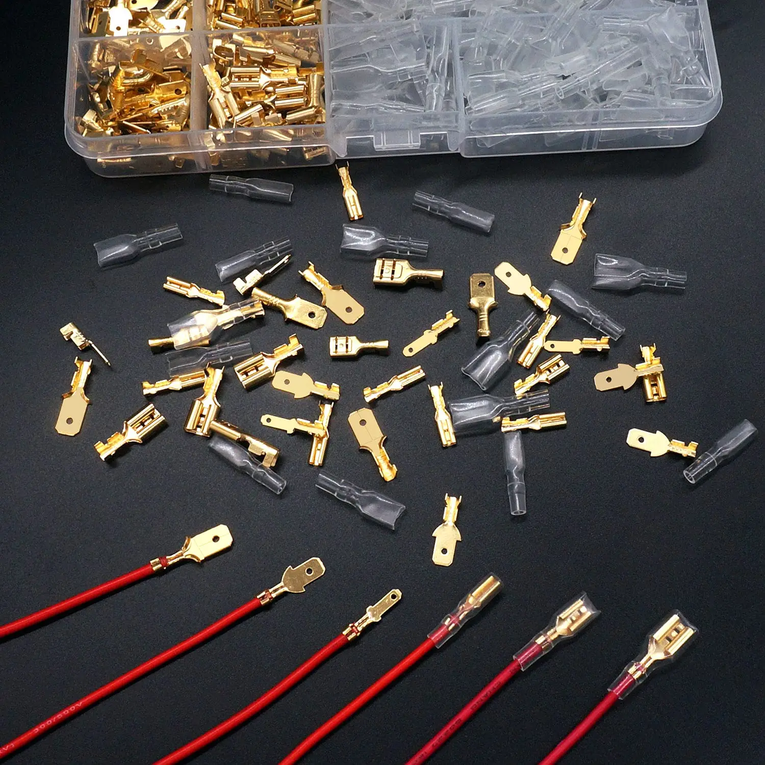 360Pcs 2.8/4.8/6.3mm Quick Splice Male and Female Wire Spade Connector Crimp Terminal Block Assortment Kit Golden with Insulatin