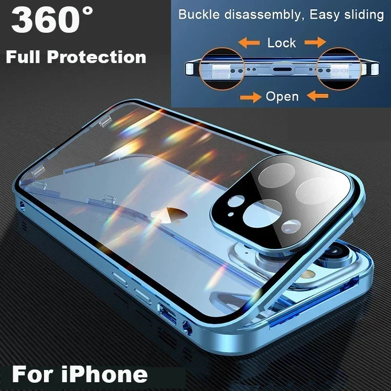 360 ° Capa de telefone com trava magnética de metal, proteção total para iphone 15 13 12 14 16 pro max plus capa de vidro dupla face