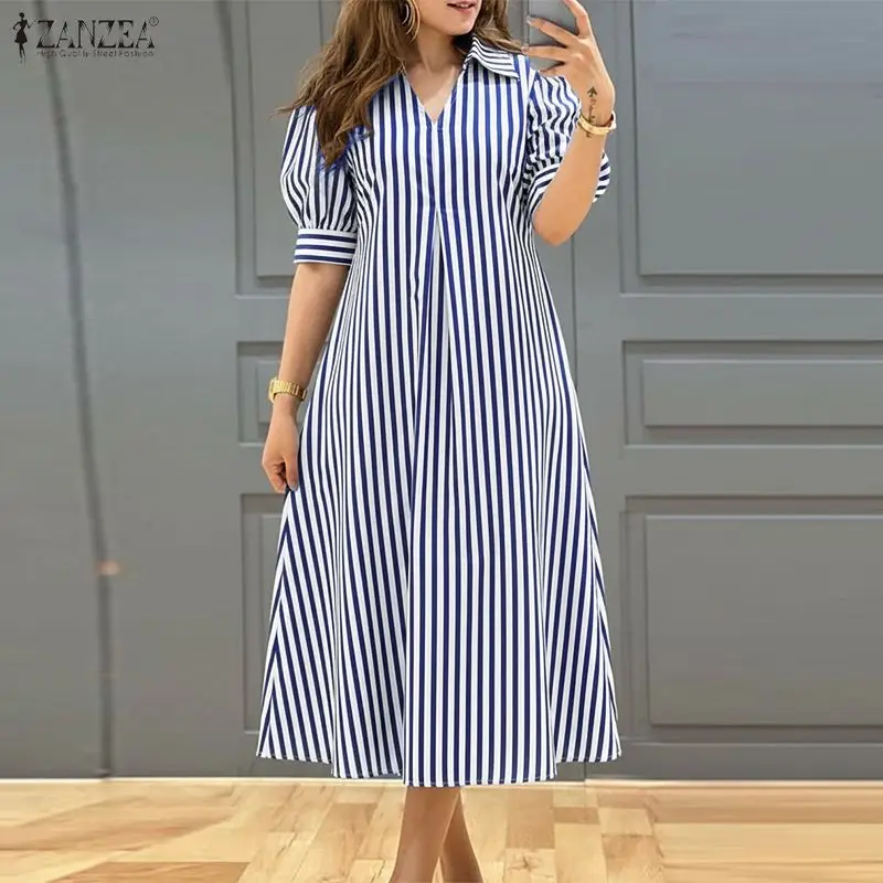 

ZANZEA Plus Size 5XL Women Striped Midi Dress V-Neck Short Puff Sleeve A-Line Vestidos Summer Casual Loose Holiday Robes Femme