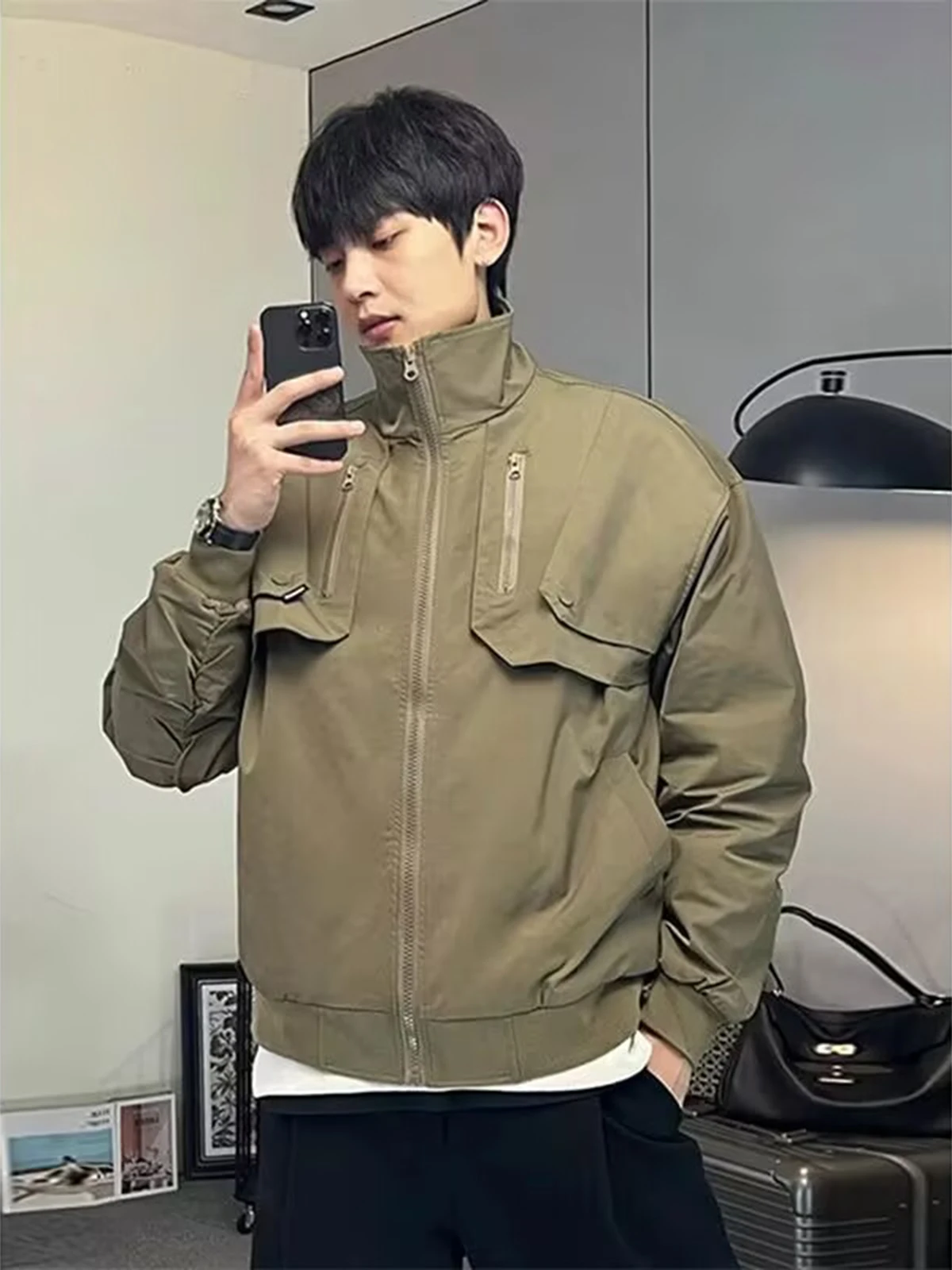 

Khaki Deconstructed oulder Workwear Jaet Men's Autumn Winter Thiened Stand Collar Flight Cotton ort Sle Anti-Waterp...