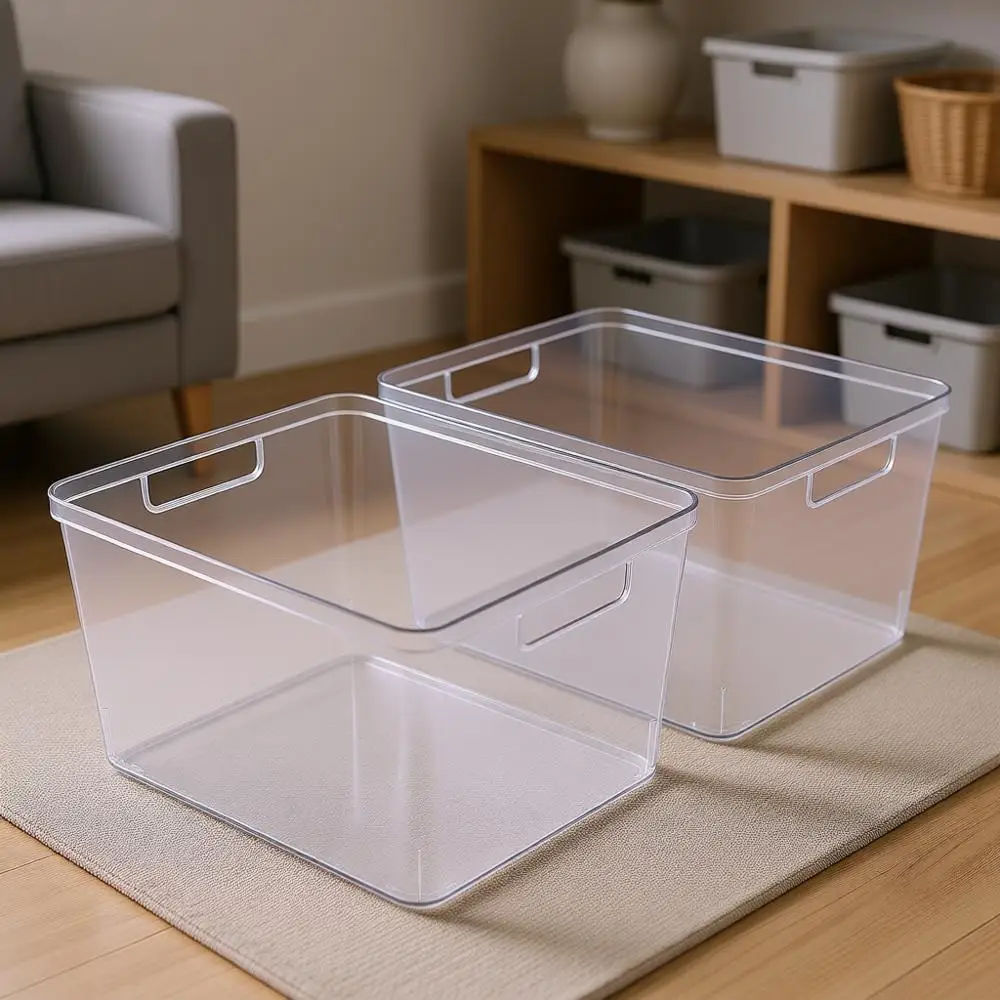

Plastic Bins, Large - 2 Pack | Multi-Use | Built-In Handles | BPA-Free | Clear Storage Containers | Fridge Organizer | Pantry &