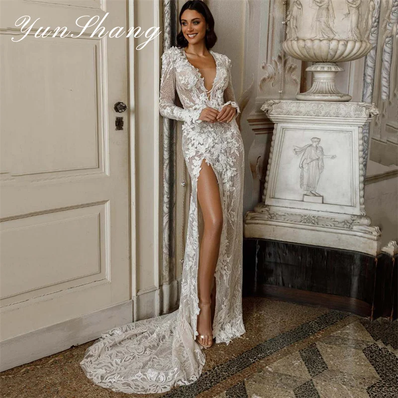 Yunshang Abiti da sposa a sirena di lusso da donna in pizzo aperto sul retro manica lunga con scollo a V abito da sposa diviso Sweep Train Abiti da sposa