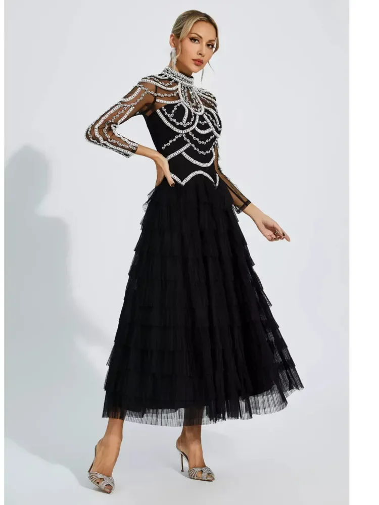 DFDG eleganza femminile Heavy Craft manica lunga abito Patchwork con perline abito da festa di lusso leggero abito lungo da damigella d'onore 2024