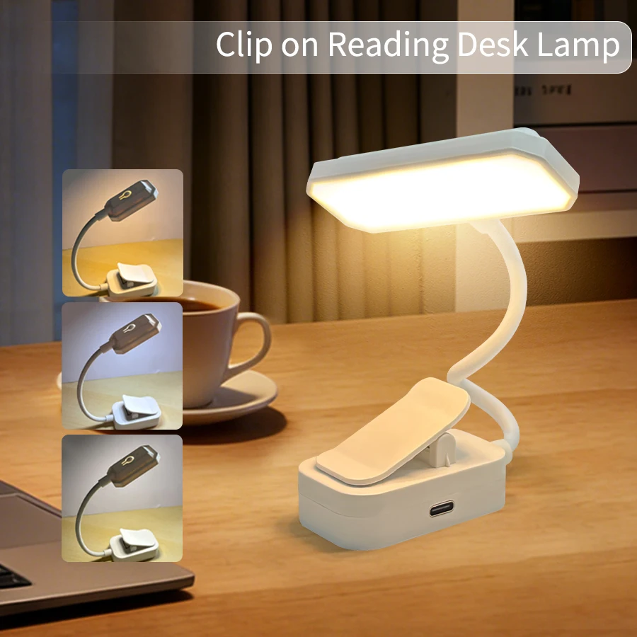 USB Rechargeable LED Clip-On Book Lamp - Eye Protection Portable Bedside Night Light 3 Colors Table Lamp for Student Reading