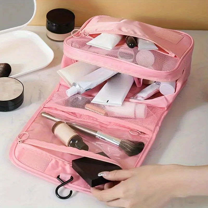 Neceser de viaje para mujer, organizador de cosméticos plegable para montaje en pared con separación en seco/húmedo, estuche de maquillaje colgante portátil
