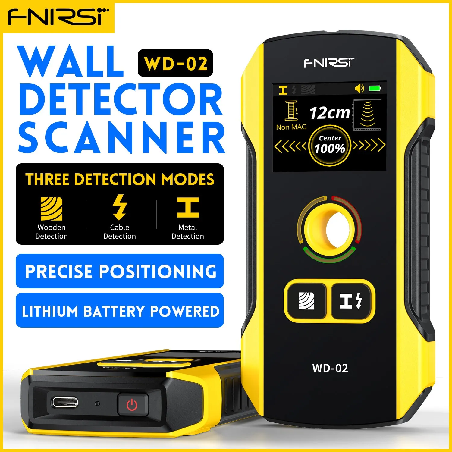 FNIRSI WD-02 Metal Detector AC Cable Metal Pipes Rebar Multifunctional Wall Detector With Positioning Hole TFT HD Color Screen