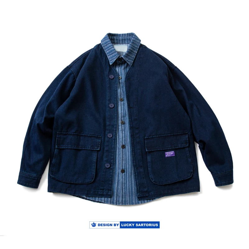 

Blue Dye Waed Men's Open Cardigan Jaet Casual Loose Fit Long Sve Autumn Faion Youth Trendy Jeans Fabric No Collar Coat