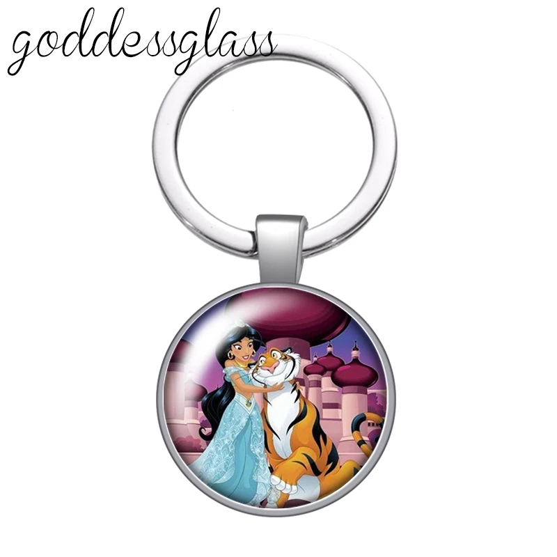 Disney Princess Jasmine Aladdin Lamp Photo glass cabochon keychain Bag Car key chain Ring Holder Charms keychains gift