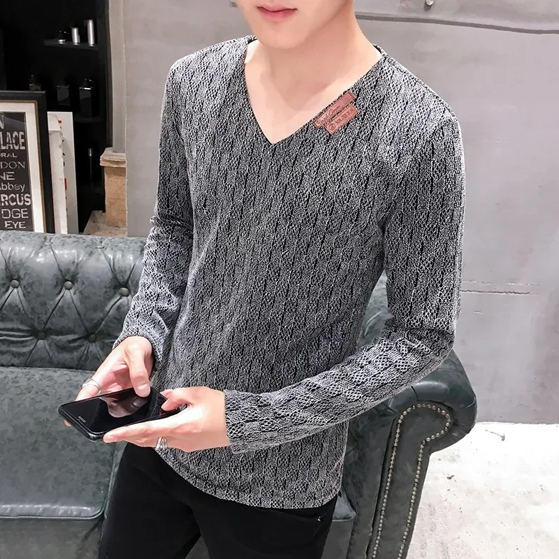 2023 Trend Men\'s Long Sleeve Slim Shirts Sweatshirt Large Size Mesh Yarn Base Shirt Top