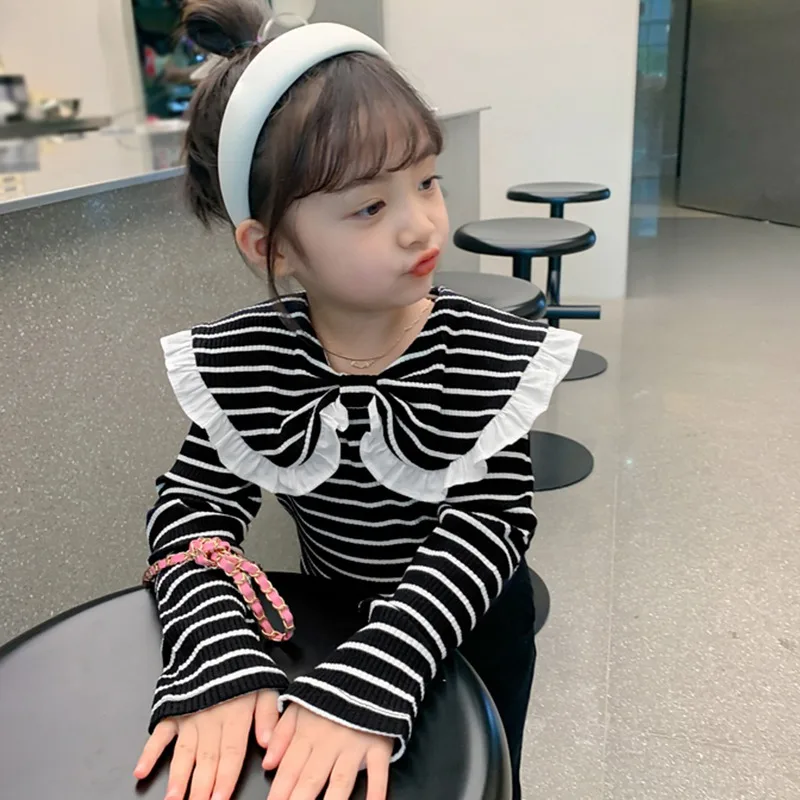 Girls Cute Doll Collar Bottoming Shirt Korean Version Black And White Stripes Long-sleeved Top Cute Ruffled Top Tee  For Kids