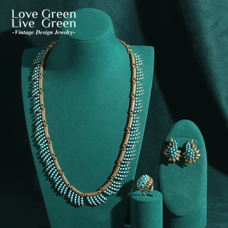 

Blue Stone Beaded Necklace Vintage Jewelry Sets For Woman High Quality Luxury Gold Color Leaf Bohemian Accessories Retro Style