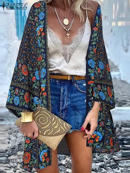 ZANZEA Women Vacation Style Floral Print Cardigan Tops Bohemian Holiday Long Sleeve Open Front Cover-Up 2025 Summer Long Kimonos