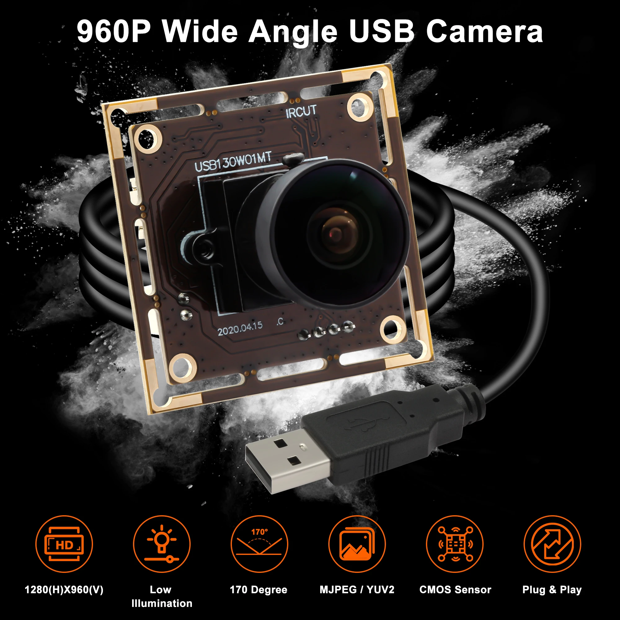 ELP 1.3MP USB Camera Module,960P Full HD 170° Fisheye Wide Angle Webcam,Low Illumination Industrial Embedded Camera,Free Driver