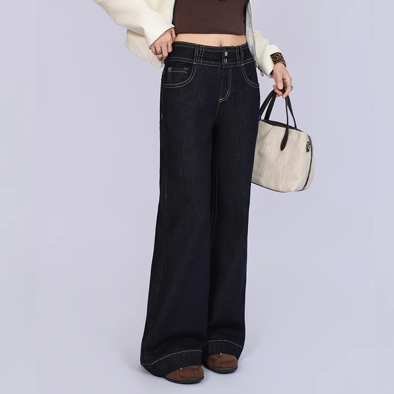 Autumn New Dark Wash Bootcut Jeans for Women High Waist Double Button Design Flared Pants Urban Casual Wide Leg Denim Trousers