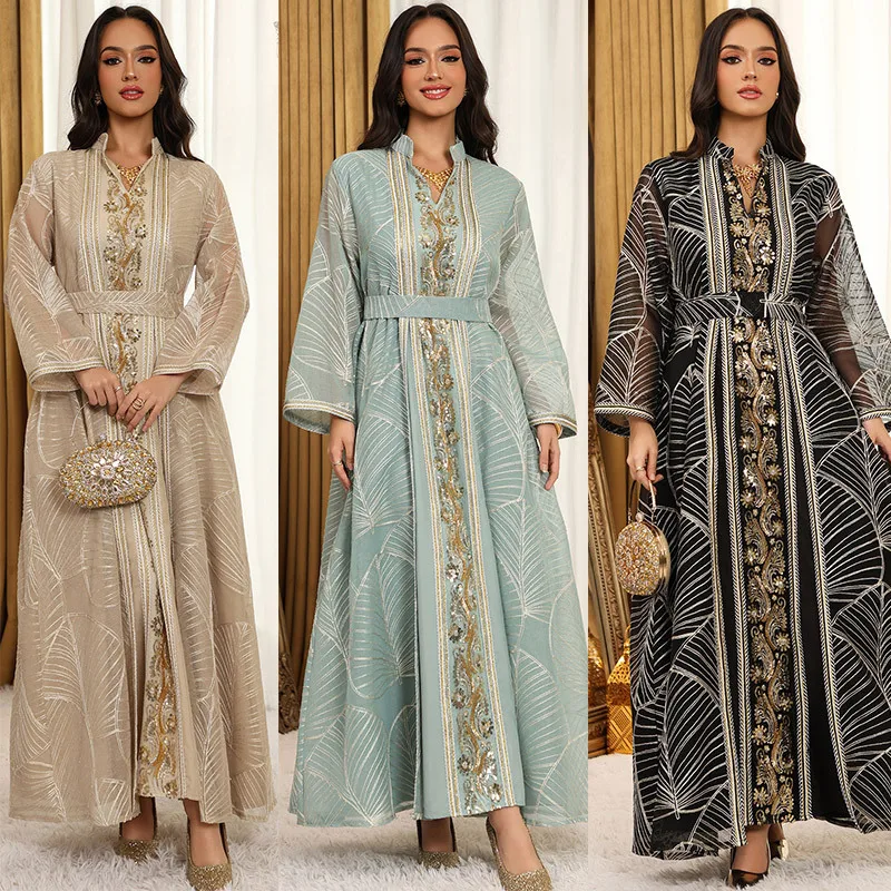 Women Mesh Sequins Dress Elegant Abaya  Eid Party Gorgeous Embroidery Dresses Lace-up Muslim Jalabiya  Vestidos Largos Robe 2025