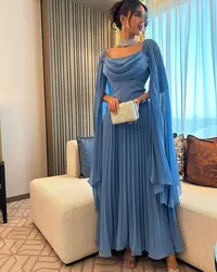 Square Neckline Prom Dresses Chiffon Long Sleeves Evening Dresses Saudi Arabia Blue Party Dress Customized Formal Dress Gala