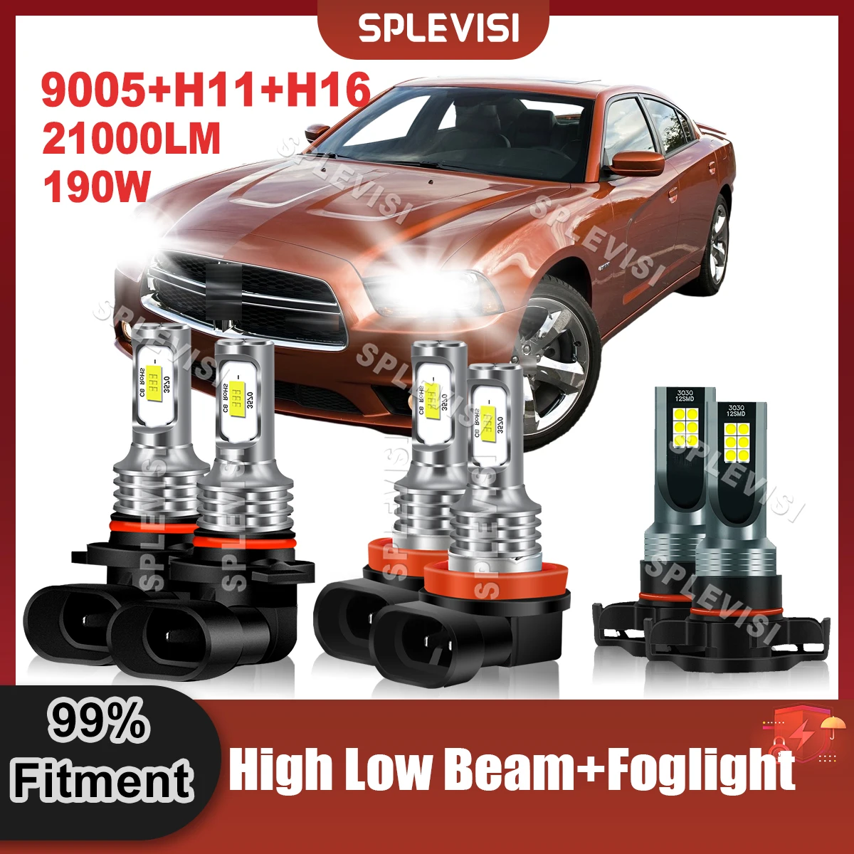 

12x CSP Chips LED Headlight High Low Beam Foglight 9005+H11+H16 For Dodge Charger 2011 2012 2013 2014 Auto Lamp Combo