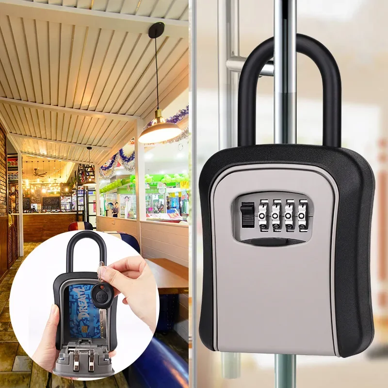 4 Digit Code Box Free Installation Outdoor Password Key Box Extended Locking Hook Steel Wire Hanging Key Storage Waterproof Key