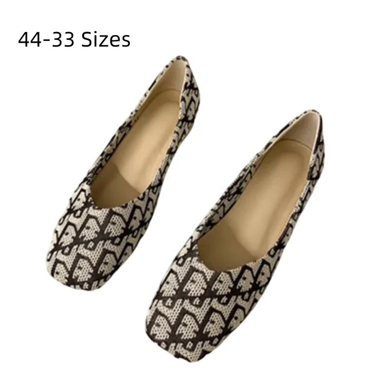 Ladies Square Toe Cotton Fabric Flats Mixed Colors Kintting Slip-Ons Wide Fitting Shoes For Spring Big Size 33-44 Red Black Grey