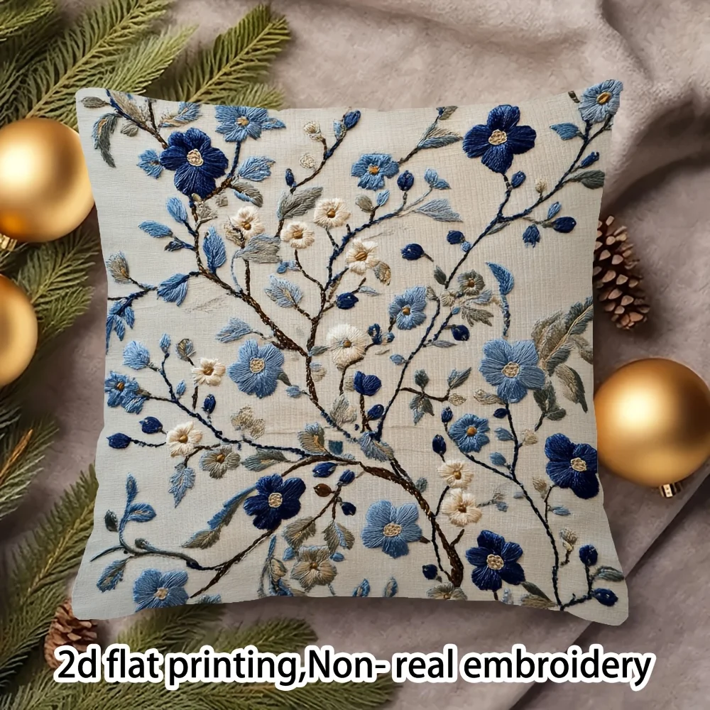 Blue Floral Branch Pillow Cover 2D Faux Embroidery Print Vintage Botanical Flower Cushion Case for Sofa Bed Couch Elegant Home