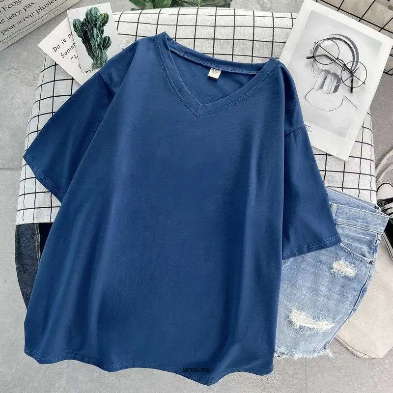 Plus Size 6XL 150KG Women Summer Casual t shirt Solid Color Big Size Cotton Femme tee V Neck Big Tops Short Sleeve Women tshirt