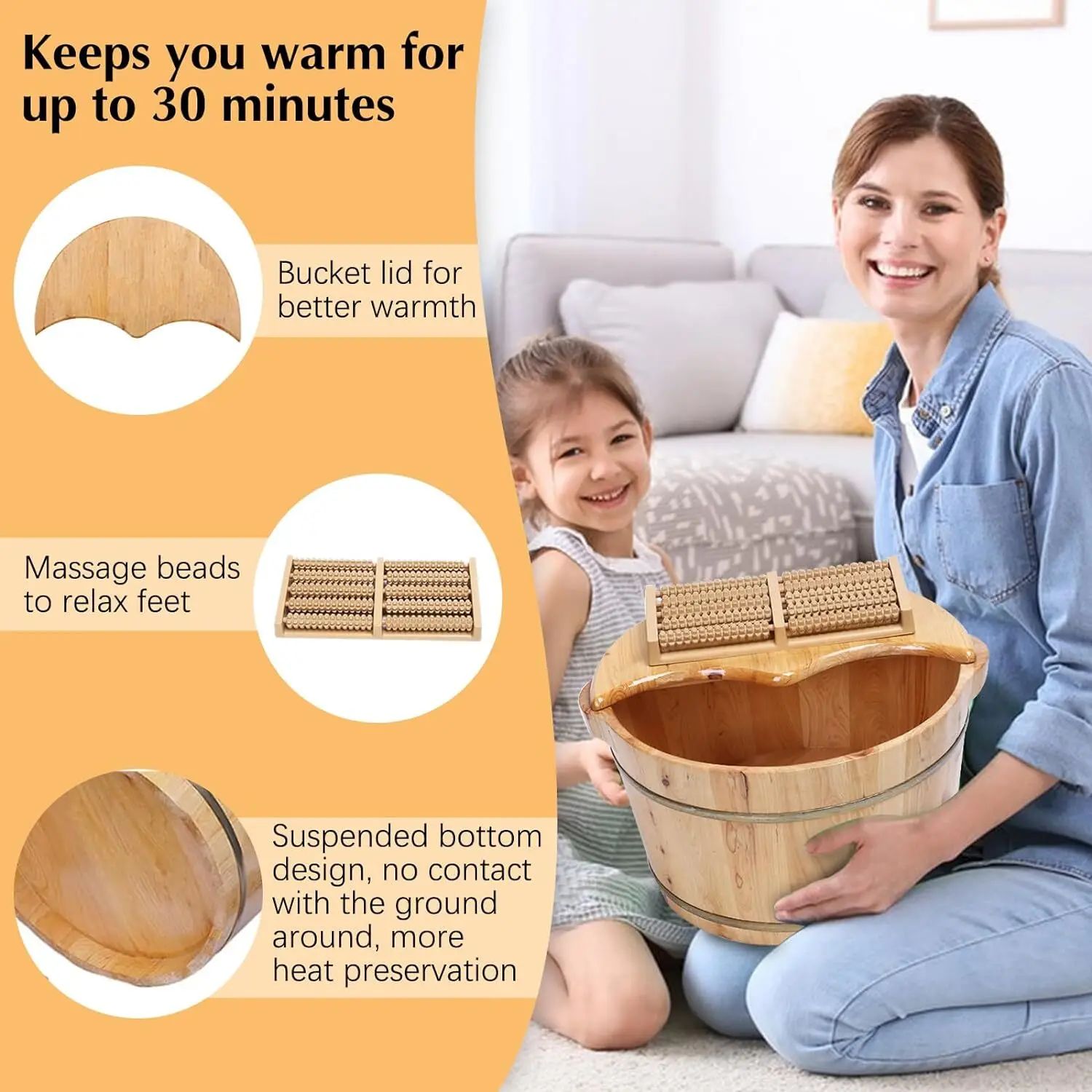 Foot Bath Bucket Wooden Foot Tub Portable Home Foot Massage Plus Cover Plate Massager New