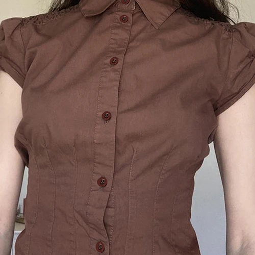 여성용 다크 브라운 슬림 셔츠, 반팔 셔츠, 플리츠 버튼, 패션 블라우스, 여름 캐주얼 상의, 기본 스트리트웨어, 스웻셔츠  Best5