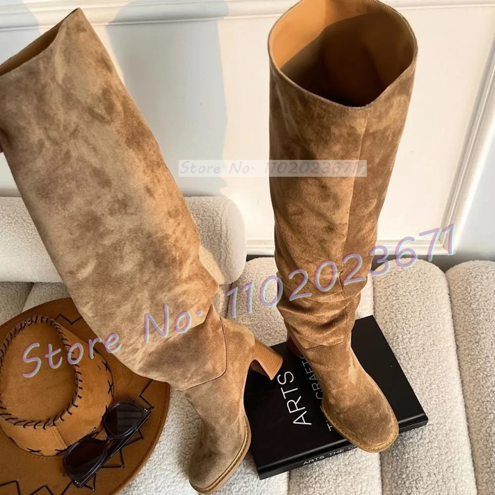 Wooden Block Heel Suede Boots Women Trends High Class Retro Brown Pleated Shoes Ladies Casual Stylish Round Toe Knight Boots