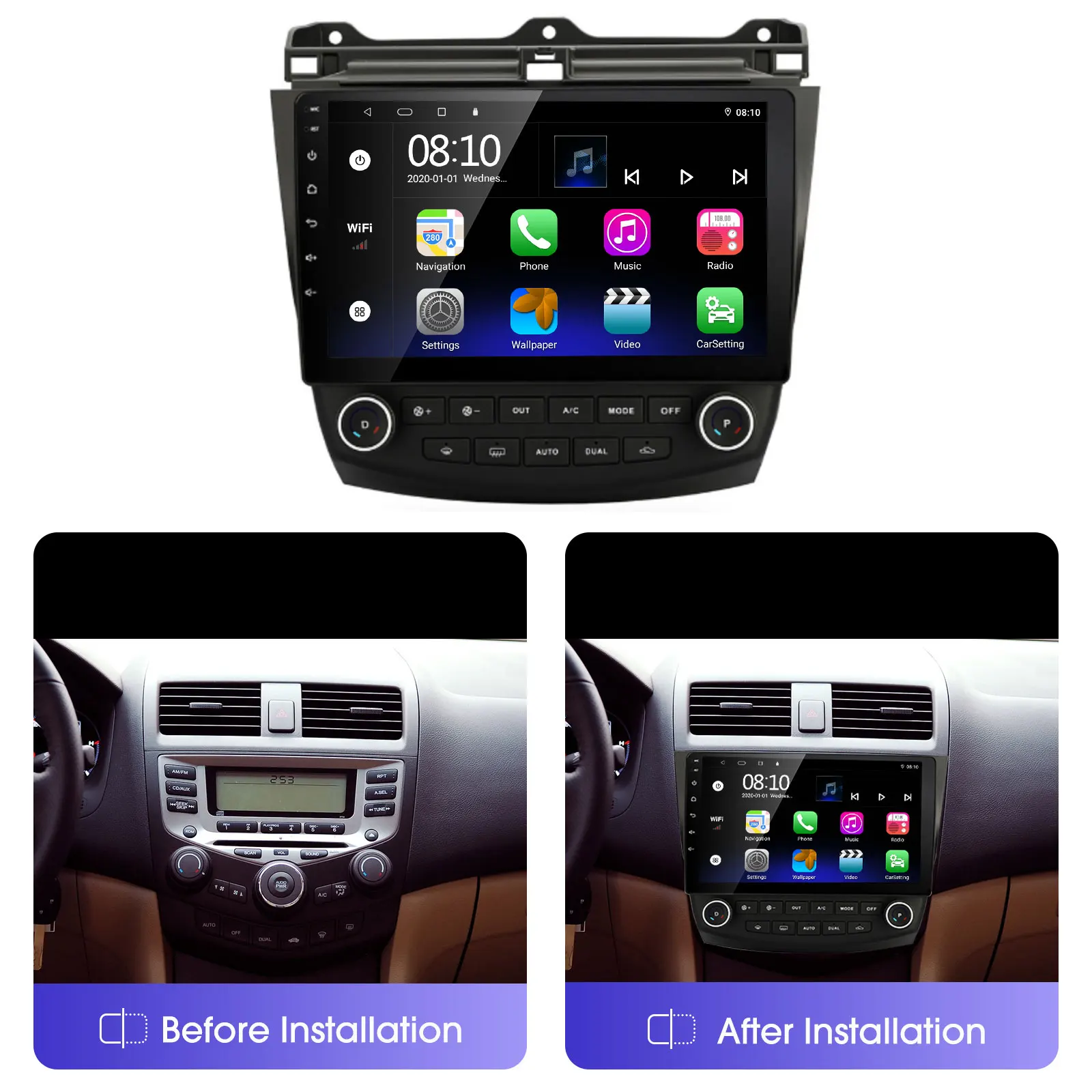 10 inch Capacitive Touch Screen Android Car Stereo for Honda Accord 7th 2003 2004 2005 2006 2007, Build-in Carplay & Android Auto, 2G+32G