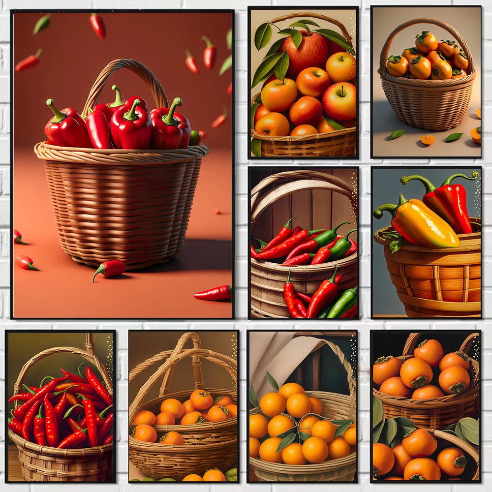 Modern Simple Pepper Orange Persimmon Fruit Vegetable Canvas Painting Restaurant Room Decoration Painting