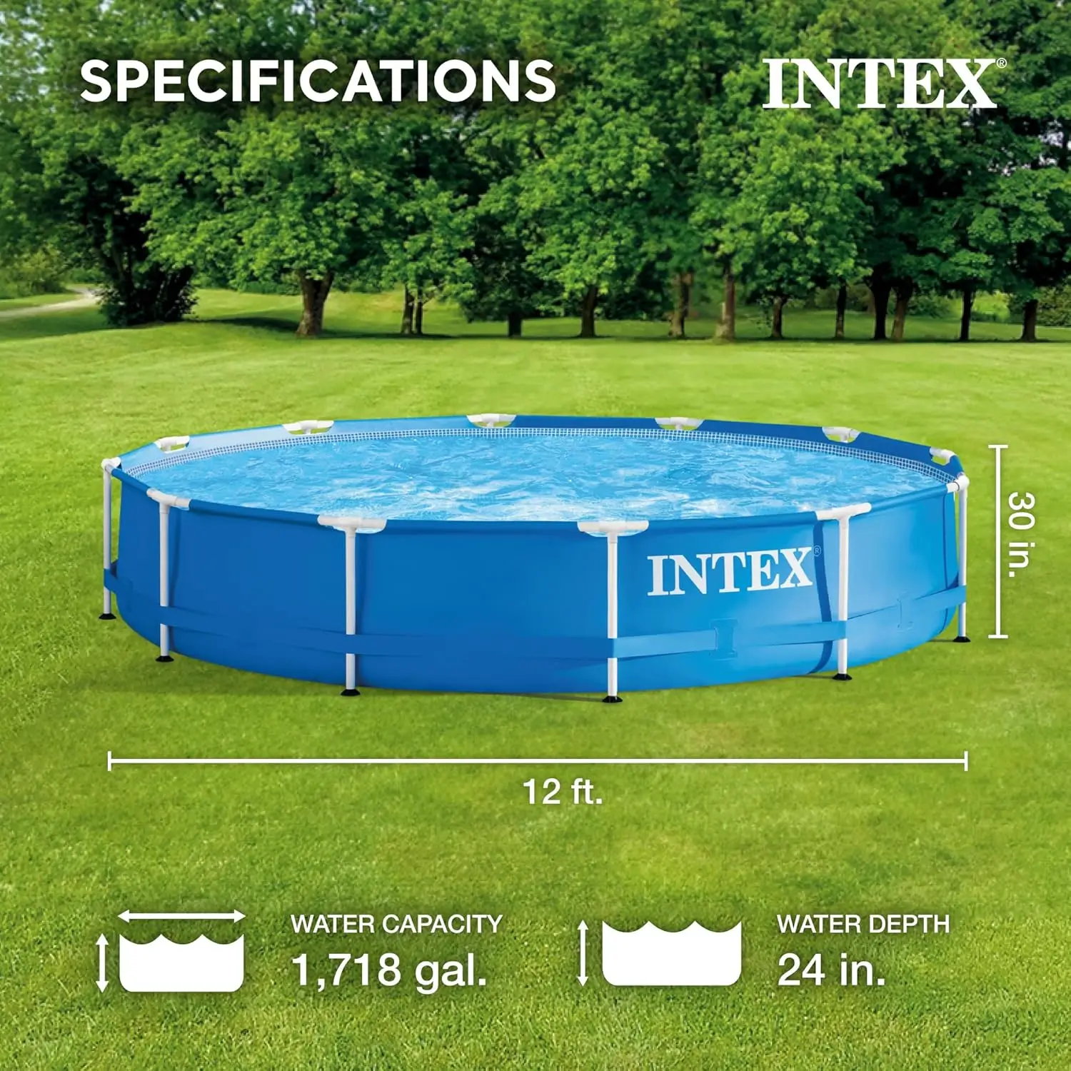 Intex Metal Frame 12 ft x 30 in Round Above Ground Outdoor Backyard Swimming Family Pool for Kids and Adults Ages 6 and Up, Blue