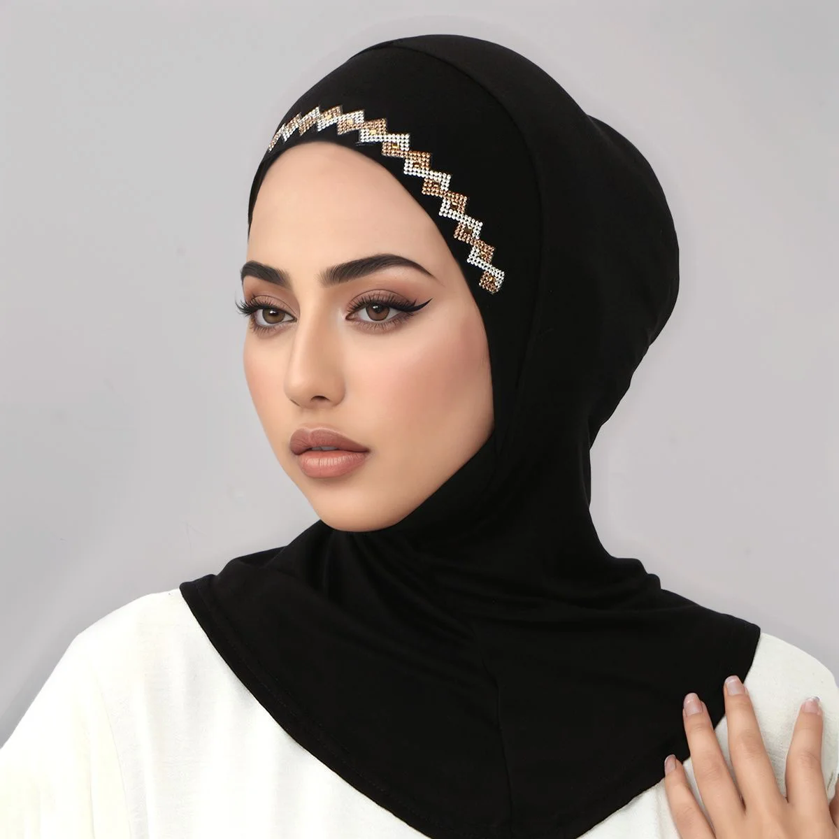 New Shiny Rhinestones Instant Hijab for Muslim Women Full Coverage Undercap Soild Cotton Jersey Bonnet Ready to Wear Inner Cap