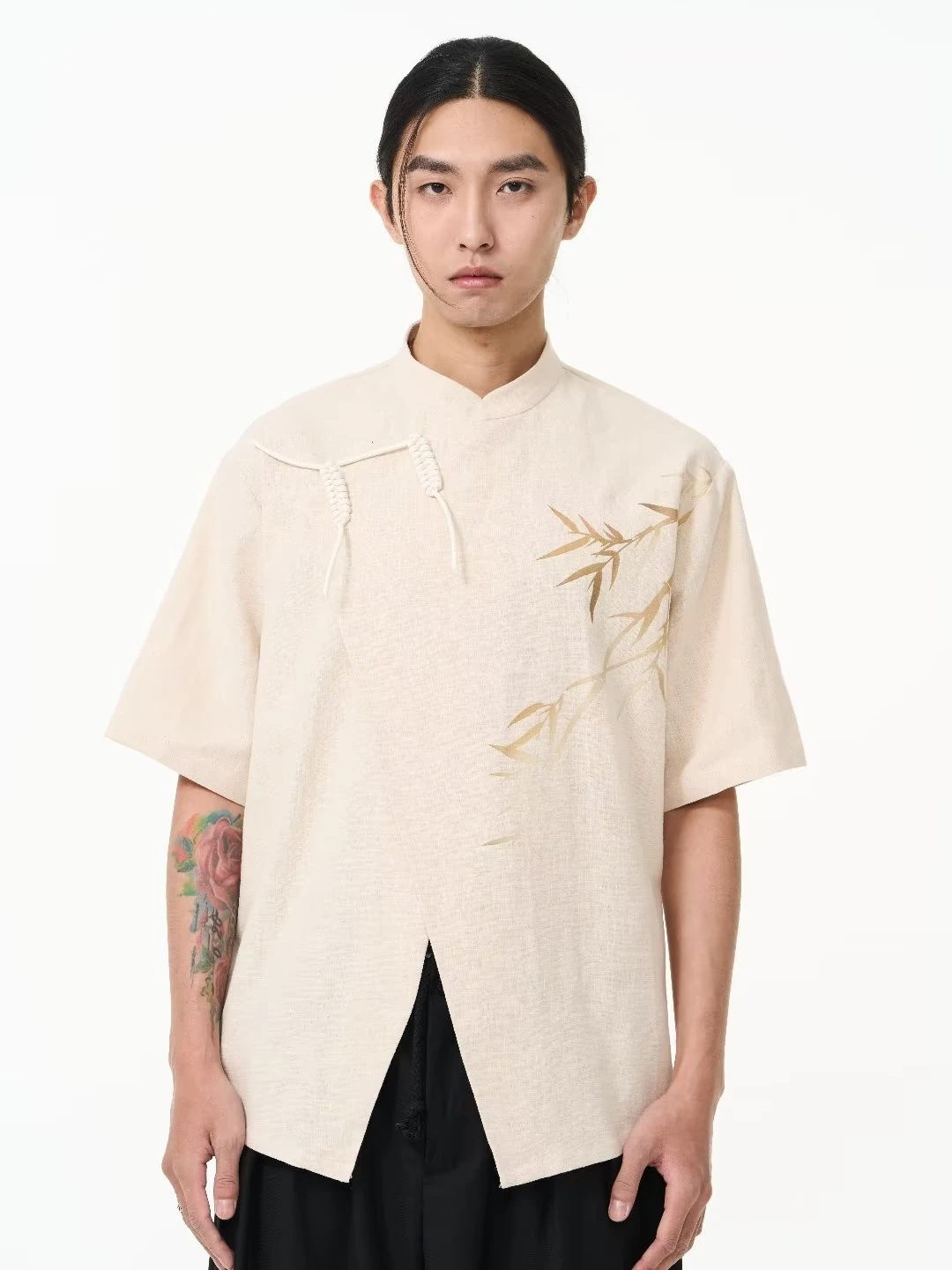 

Summer Casual Loose Linen Short Sleeve Shirt Bamboo Gradient Print Button up Youth Fashion Washed Outfit round Neck Inner Wear