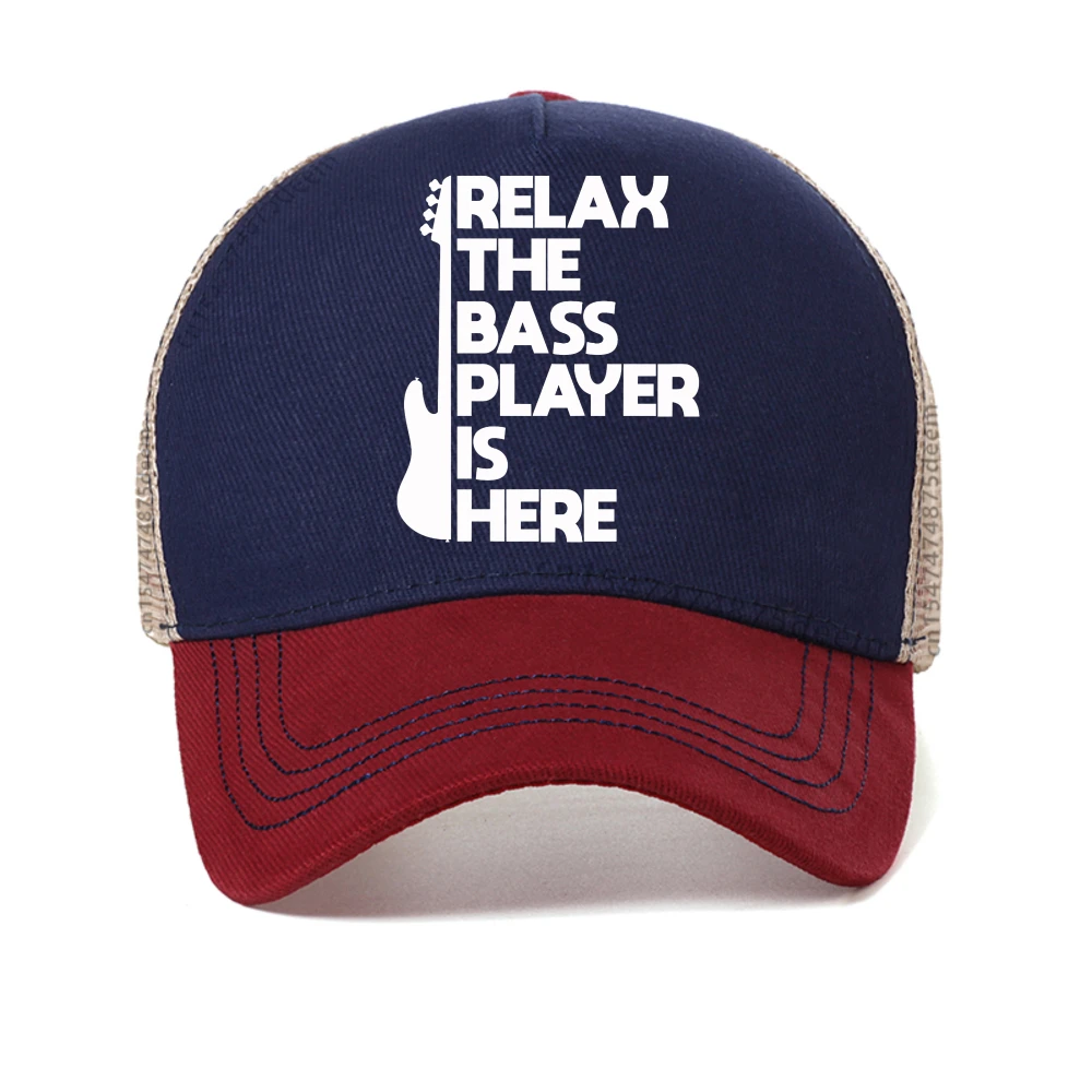 

Relax The Bass Player Is Here baseball cap Guitar Men's Graphic print caps fashion Sunscreen mesh Snapback hat cool trucker hats