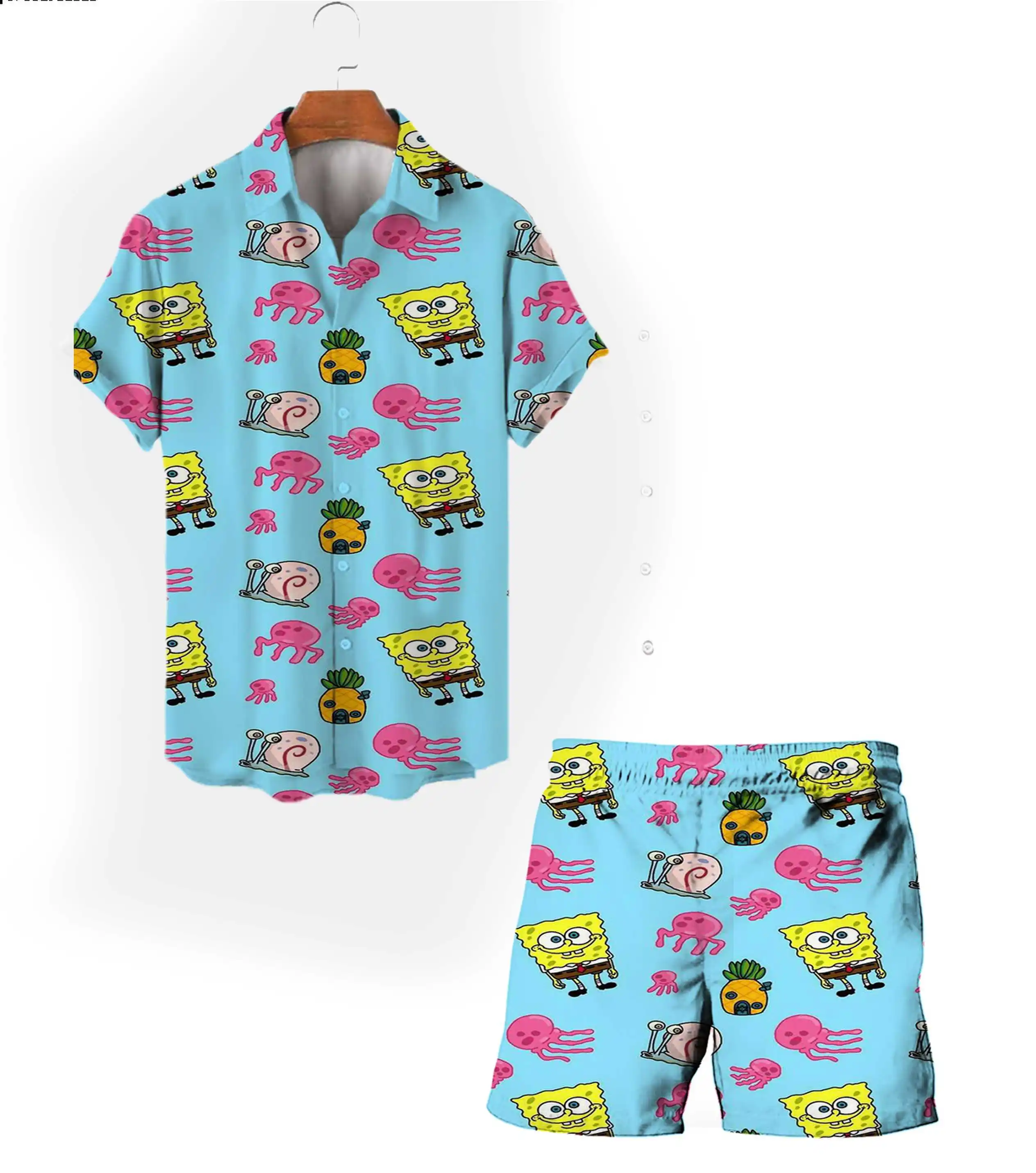 Camiseta de manga corta con estampado de Bob Esponja para hombre, traje informal de playa, estilo callejero, moda y2k, novedad de verano, 2024