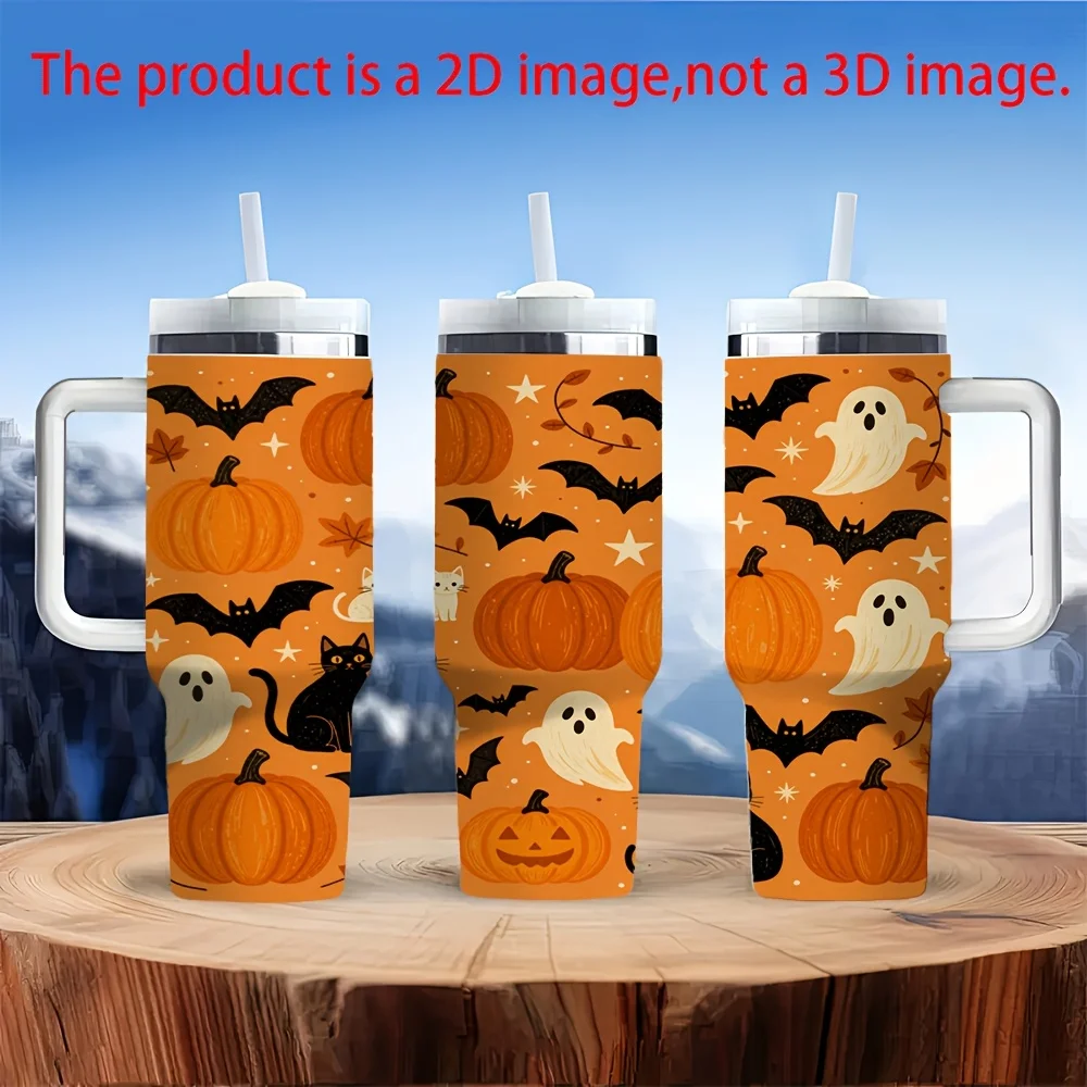 1ps Halloween and Christmas 40oz Insulated Tumbler with Handle and Straw Lid, Reusable Leakproof Water Cup for Home Office Car Outdoor Travel, Cute Spooky Pumpkin Bat Black Cat Halloween Themed Printed Drinkware