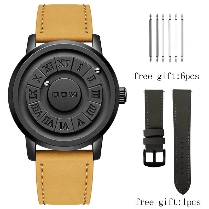 Creative Magnetic Ball Watch for Men, No Mirror Dial Roman Number Quartz Wristwatch, Extra Leather Strap & Spring Bars as Gift